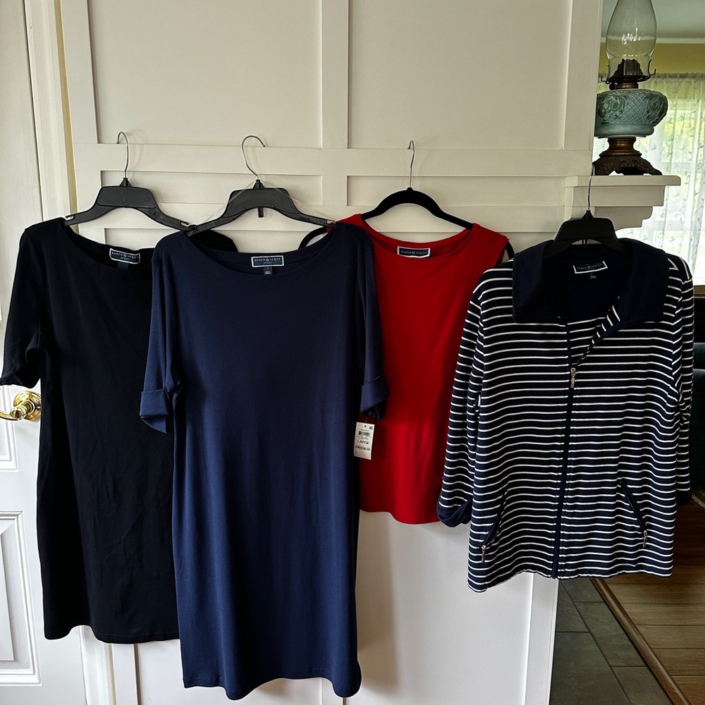 Final markdown!  Karen Scott size Large Black & Navy Dresses, Red Tank,  Jacket